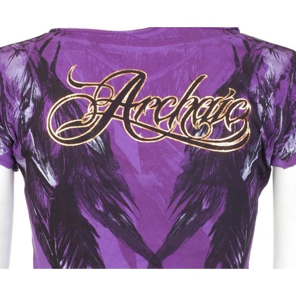 Archaic AFFLICTION Women's T-Shirt SECOND LOVE Feathers PURPLE Tattoo Biker $40 - Picture 8 of 8